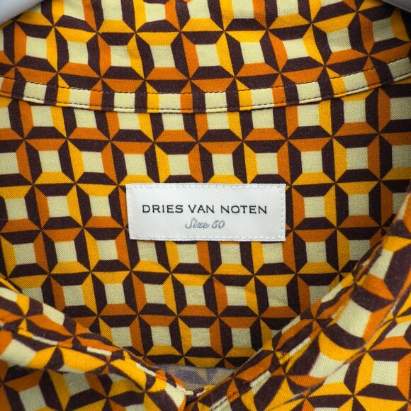 DRIES VAN NOTEN Retro Geometric Short Sleeve Orange Brown Button Down Shirt L - Picture 3 of 6